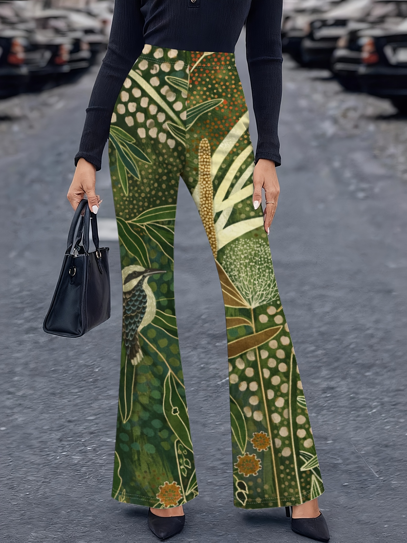 item picture   womens high waisted flared pants showcase a chic abstract gradient and sophisticated print complete with an elastic waistband and a wide leg cut   casual   parties and evening occasions fashionable comfy and in