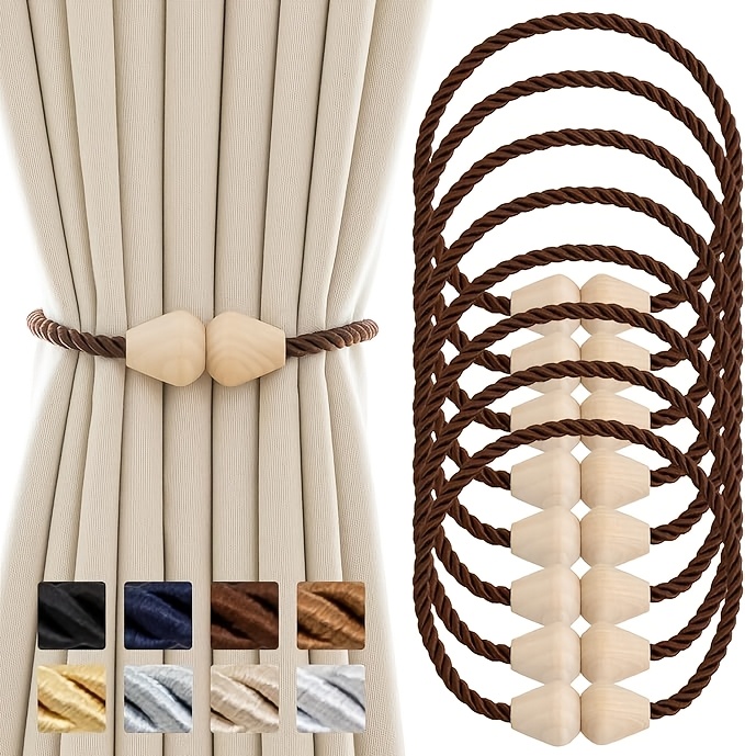 Bohemian Style Wooden Magnetic Curtain Tiebacks, 8pcs Set of Rope Curtain Holdbacks for Handmade Curtains, Multiple Colors Available