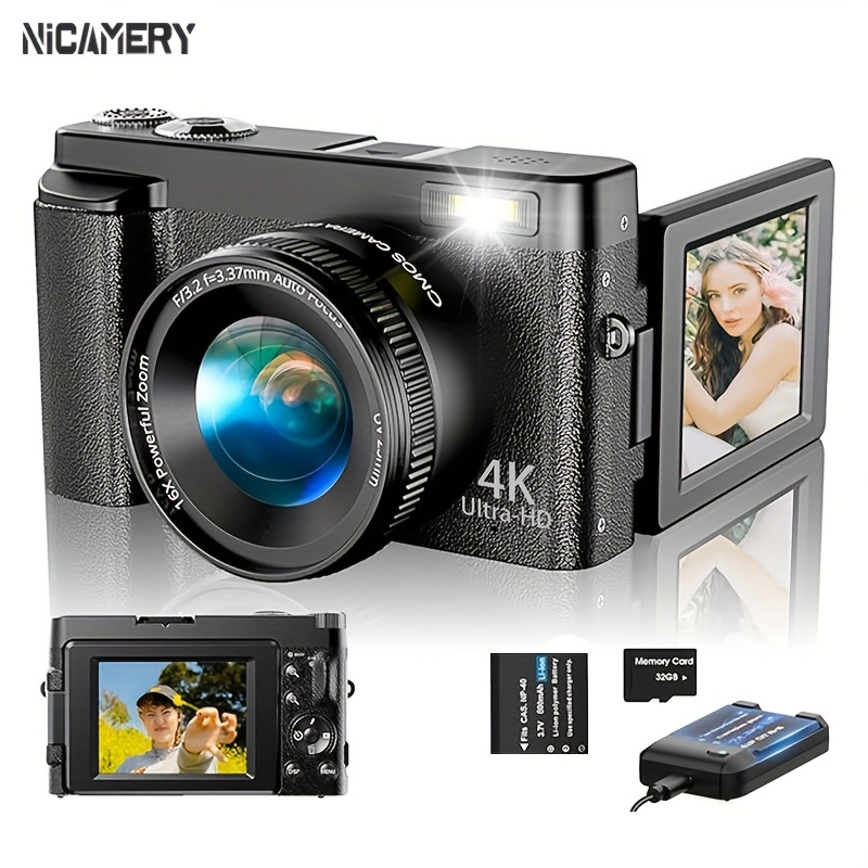 

Nicamery 4k Digital Camera With 16x - Compact Recorder, Auto-, Built-in Led Fill Light, 32gb Tf Card & Rechargeable Battery Included - Ideal For Vlogging & Photography