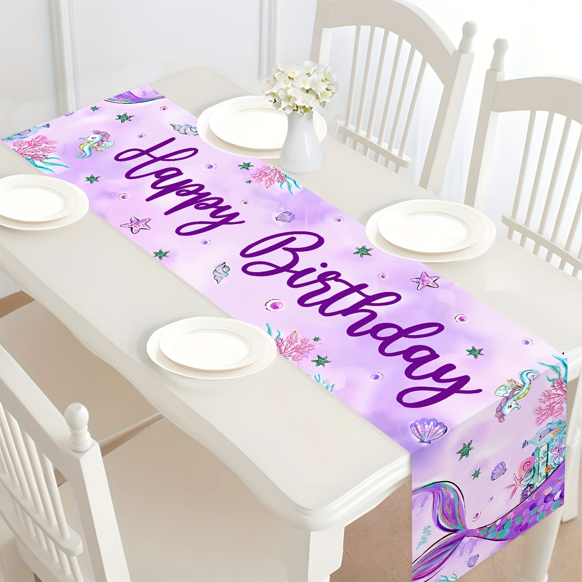 1pc Polyester Purple Mermaid Style Birthday Tablecloth Table Flag