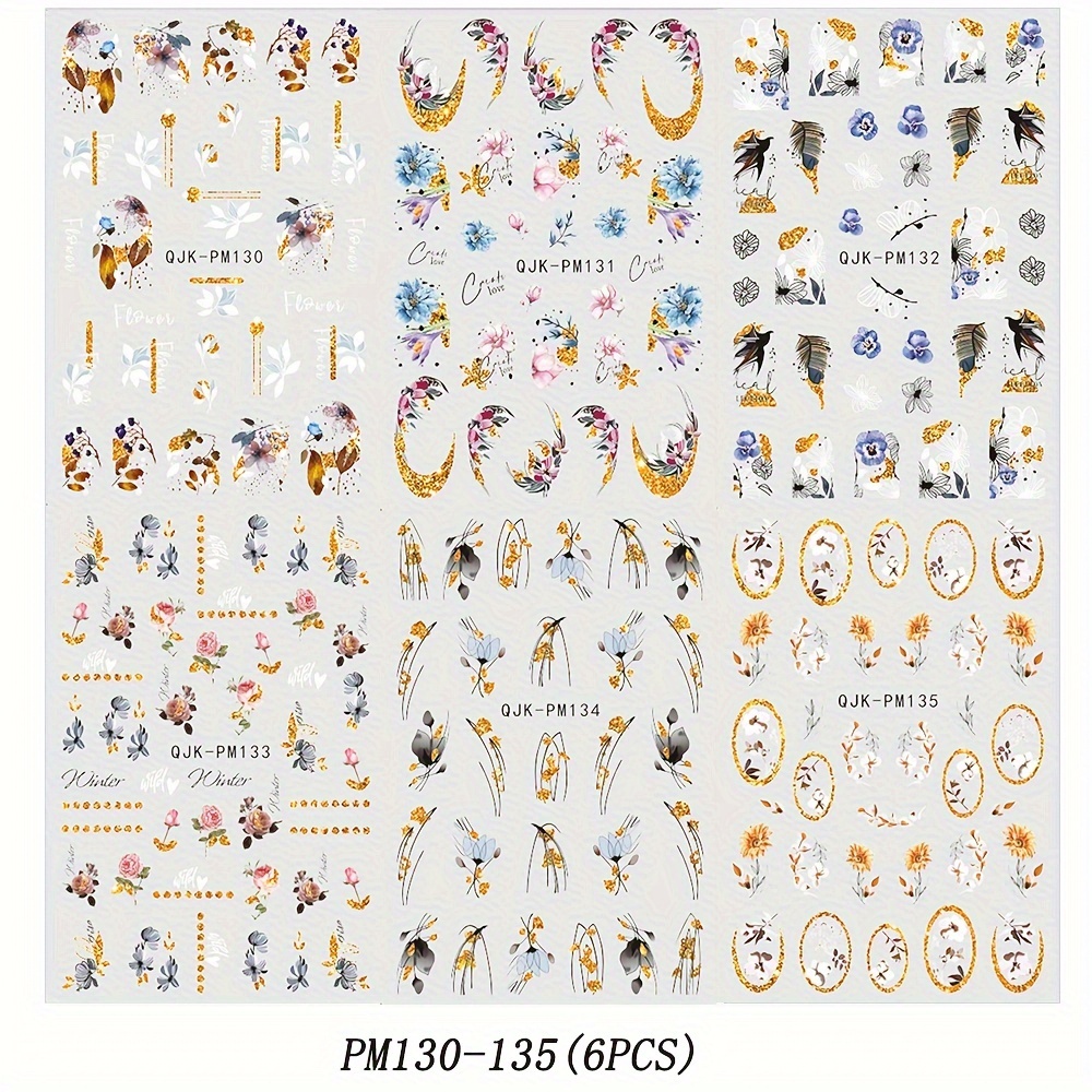 Image of 6pcs Nail Sticker Set, Summer Floral Glitter Watercolor Floral Wreath Nail Decals, Self-adhesive Nail Art Supplies, Acrylic Nail Decoration Kit For Women And