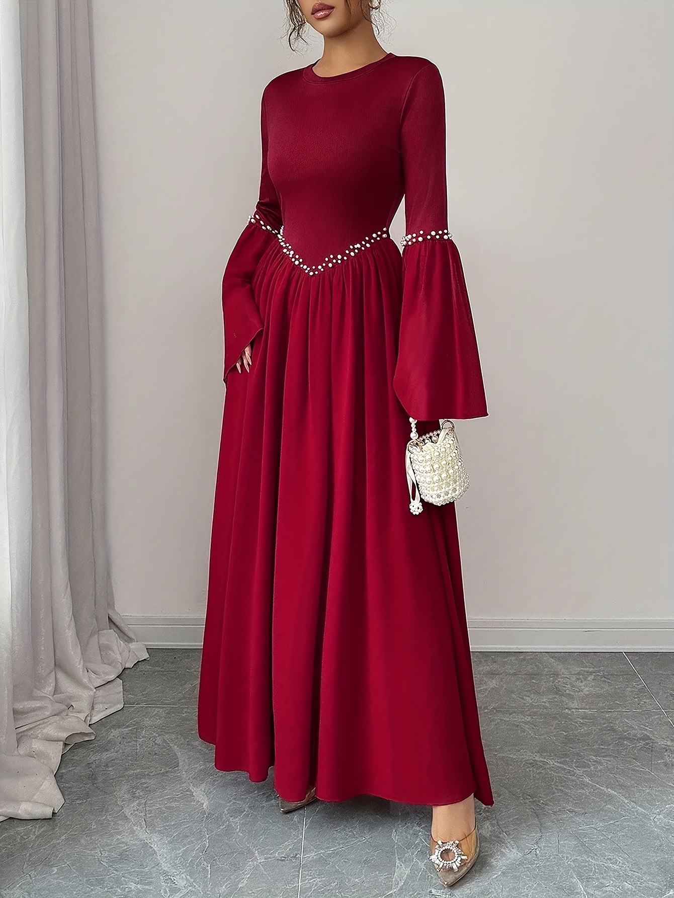womens elegant long sleeve a line maxi dress with round neck waist cinching burgundy red formal evening gown for weddings Product details 5