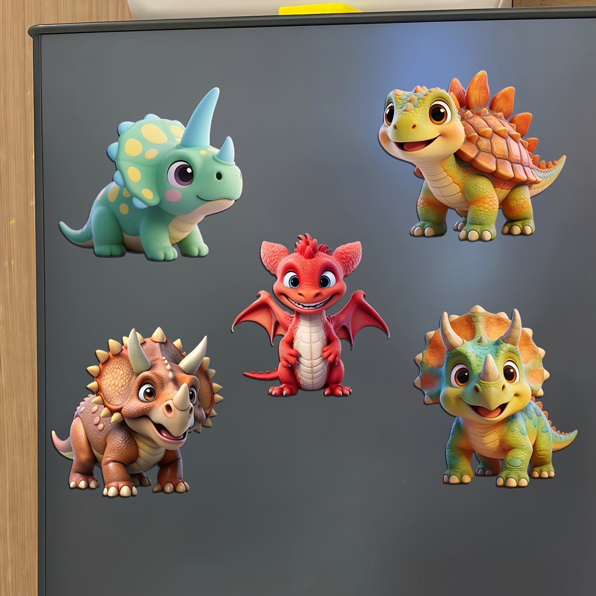 TEMU 5pcs Cute Dinosaur Refrigerator Magnets. Are For , Suitable For Decorating Refrigerators, Mailboxes, Door Frames, And Furniture. Feature A Fun