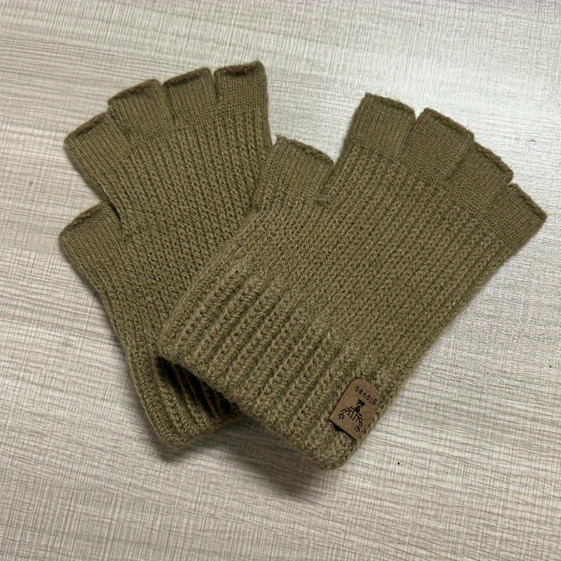 Image of Solid Color Cashmere Warm Gloves Short Half Finger Stretch Knitted Gloves Winter Coldproof Convenient Writing Texting Gloves