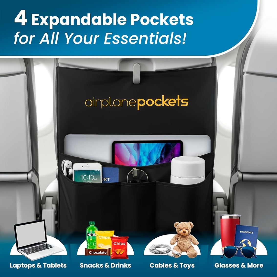 Black Airplane Seat Back Organizer Bag with 4 Pockets