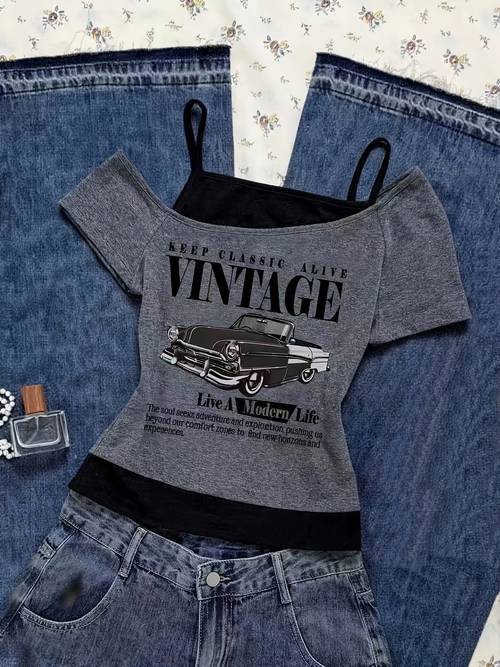 girls casual y2 street style t shirt top easy letter and vehicle kitten pattern print cold shoulder short sleeved style suitable for summer casual activities shopping and photography