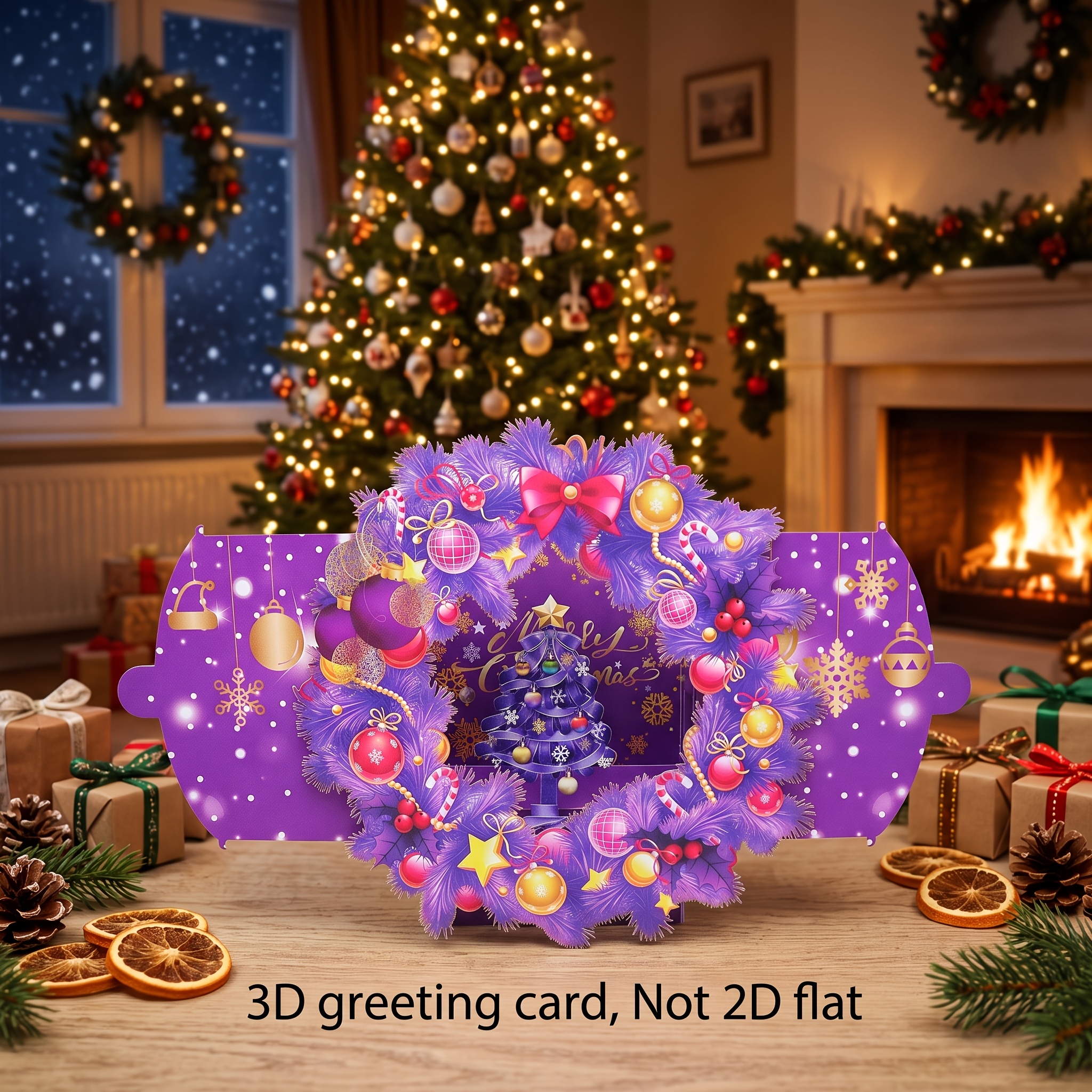 TEMU Purple Christmas Wreath 3d Pop-up Greeting Card, Glittering Snowflake Christmas Tree Ornament Pattern, Foldable Luxurious Paper Art, Holiday