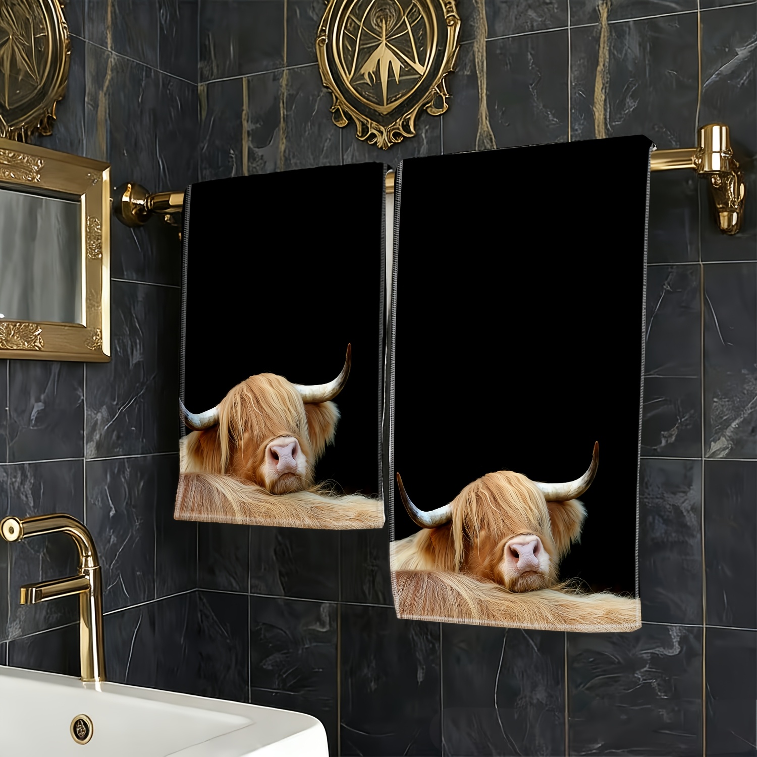 TEMU 2d Flat, 1pc 2d Printed Scottish Highland Cow Resting Themed Hand Towel, Bathroom Hand Towel, Material, Suitable For Facial Cleansing, Bathroom
