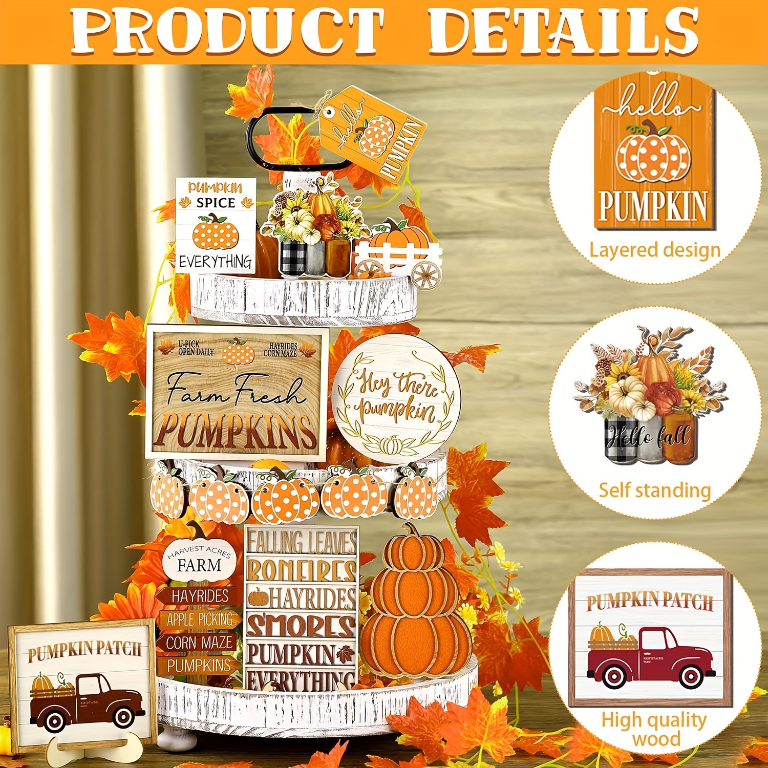 

16pcs, Thanksgiving Pumpkin Tiered Tray Decor Fall Home Decorations Set, Rustic Farmhouse Decor, Autumn Pumpkin Trays Signs, Autumn Winter Wooden Sign For Fall Christmas, Home Table Decor