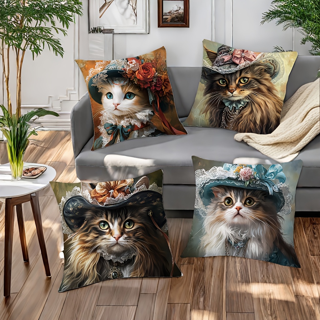4pcs victorian elegant cat throw pillow covers large 17 72x17 72 inch   cases with zipper closure floral for sofa bed car living room decor pillow inserts not included perfect gift for cat lovers sofa accents whimsical   polyester bedroom accessories vintage design doublesided printing decorative pillows   Product details 2
