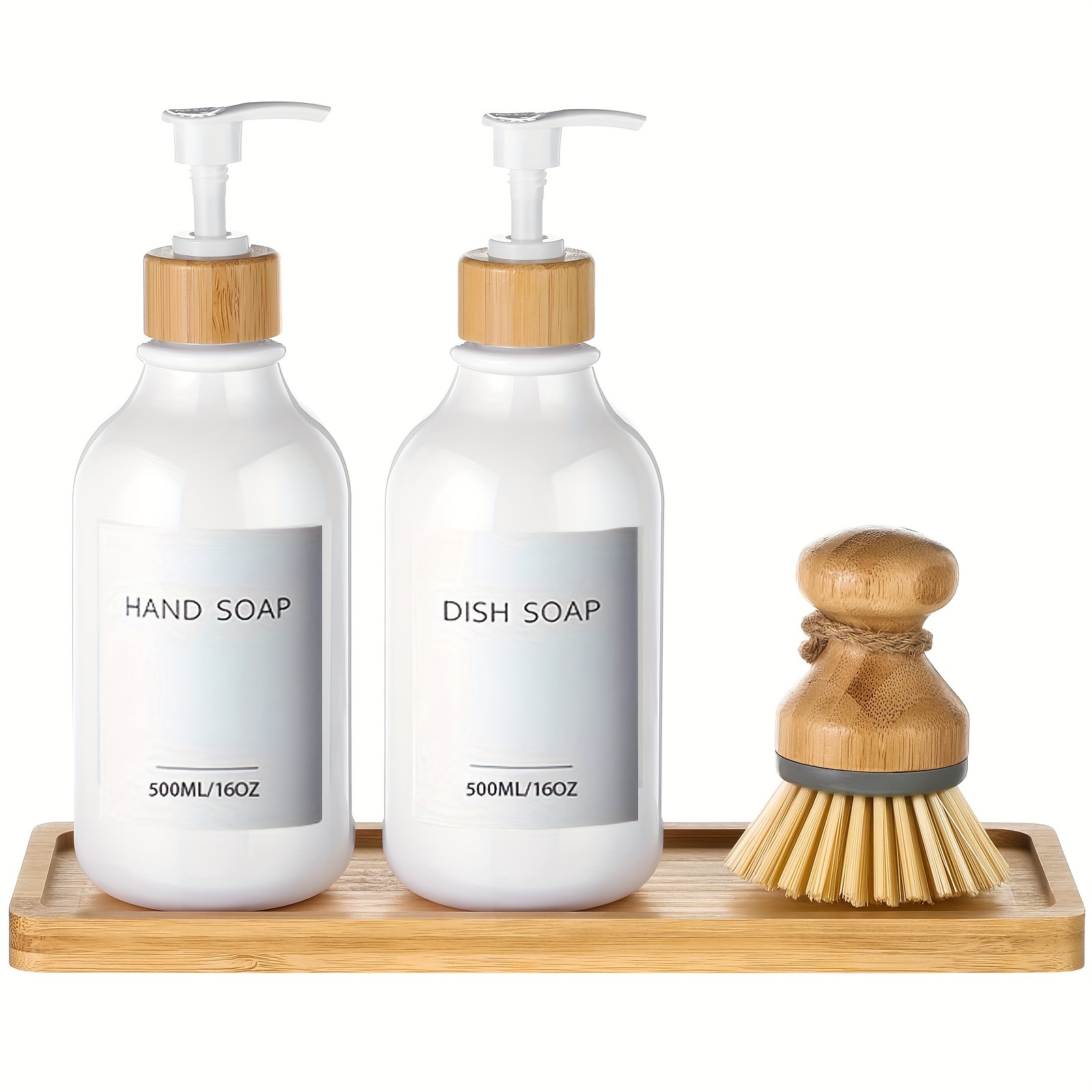 Image of Set Of 4 Kitchen Soap Dispensers, Each 16 Oz, Including A Tray And Dish Brush. This Plastic Soap Dispenser Set With Labels For Hand Soap And Dish Lotion