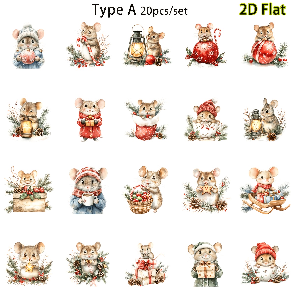 Image of 20pcs/set Creative Handmade Watercolor Christmas Mouse High Quality Stickers Suitable For Garbage Diary Notebook Decoration Diy Gift Decoration 2d Flat Stickers, 2d Flat
