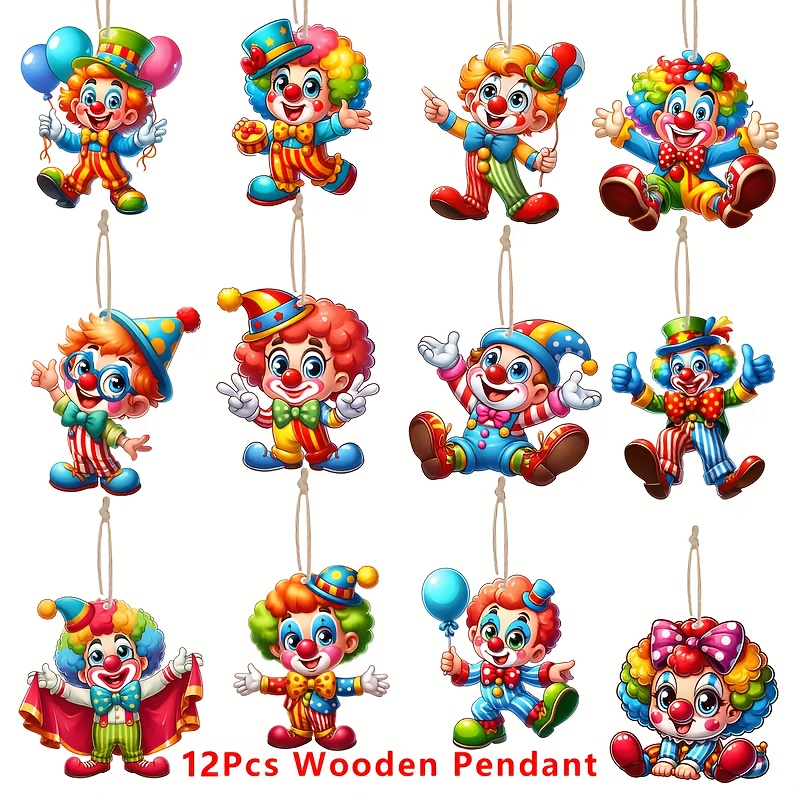 

12 Fun Carnival Clown Wooden Hanging Decorations, Suitable For Festivals And Classroom Decor.