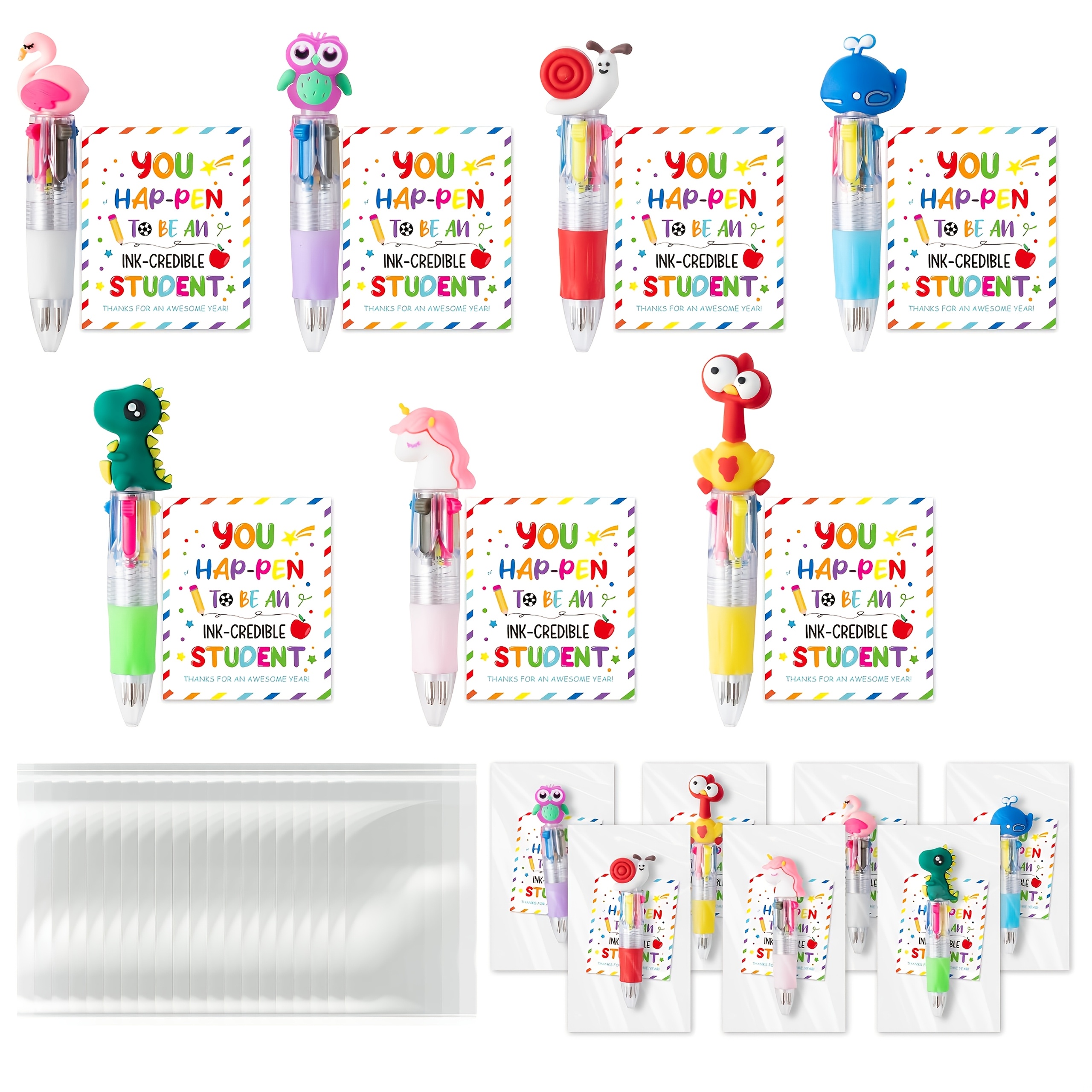 84pcs 28sets end of year student gifts   cute cartoon 4 in 1 multicolor retractable ballpoint pens with gift cards suitable for school party gifts and bulk for school exchange gifts Product details 0