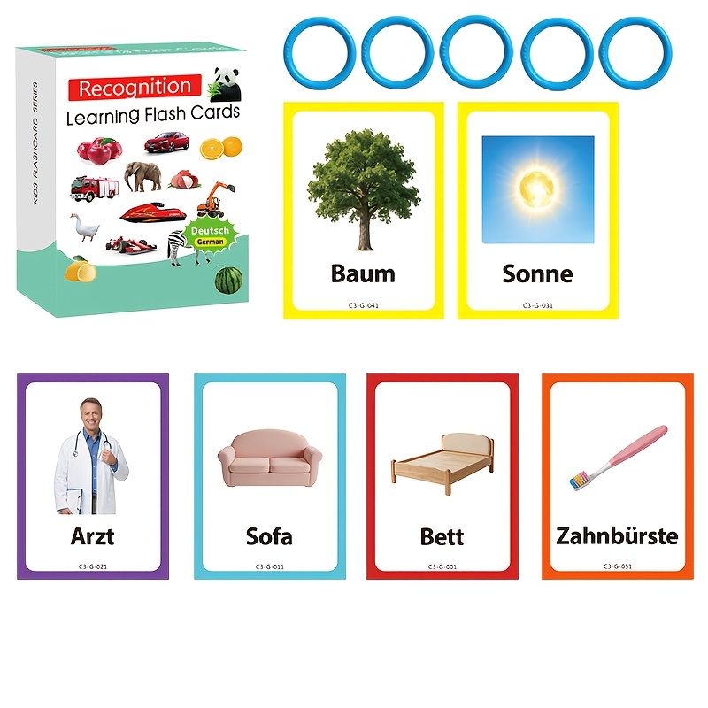 Image of 100 German Vocabulary Flashcards For Kids Toddlers Set 3, Learning Cards With 8 Themes Bedroom Living Room Jobs Items School Supplies Food Sports, Preschool Classroom Homeschool