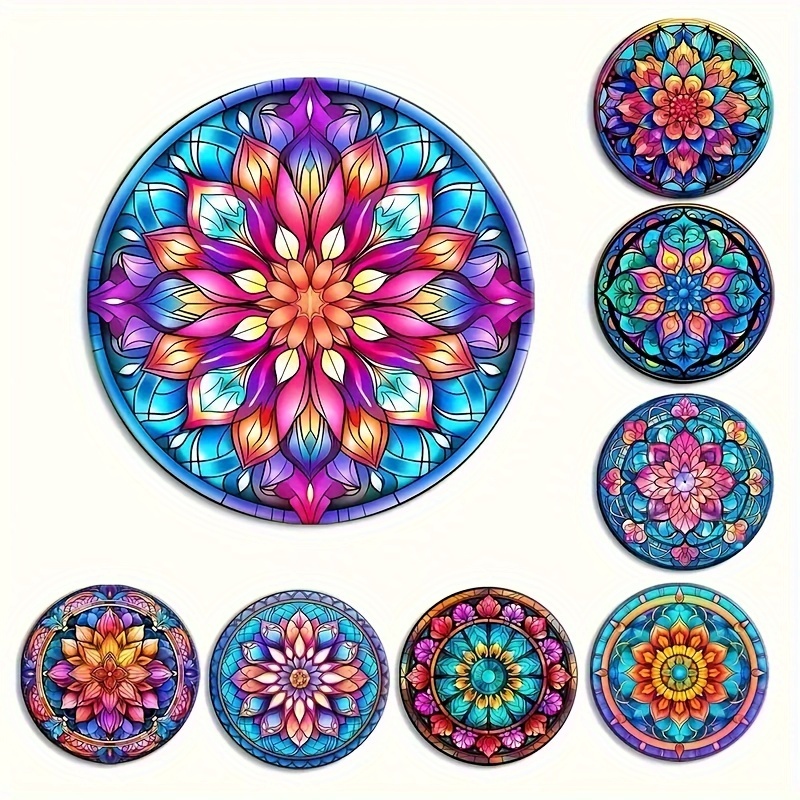 TEMU 8pcs Mandala Flower Wooden Coaster Set - Heat Resistant, Non-slip & Washable Drink Mats For Kitchen, Car, Home & Dining Decor - Ideal Holiday Gift