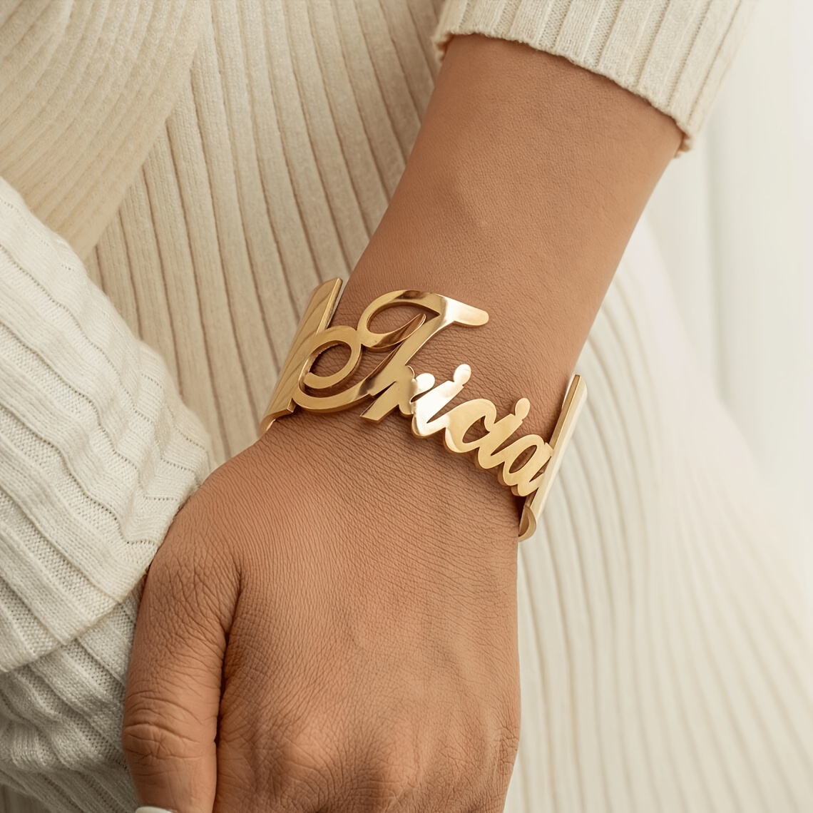 TEMU Stainless Steel 18k Golden Electroplated Personalized Name Bracelet, Elegant And Fashionable Urban Style, Customizable Hip-hop Style Adjustable