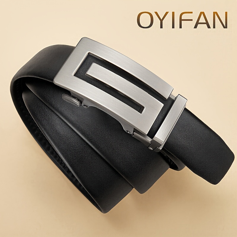 Oyifan High-end Business Men's Cowhide Formal Belt, Automatic Ratchet Buckle, Business Formal Occasions, Daily Wear, Suit Clothing, Adjustable Strap, Comfortable, Durable, Stylish Accessory.