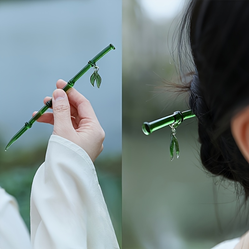 Jade Bamboo Hair Clip with Leaf Pendant, Ancient Style