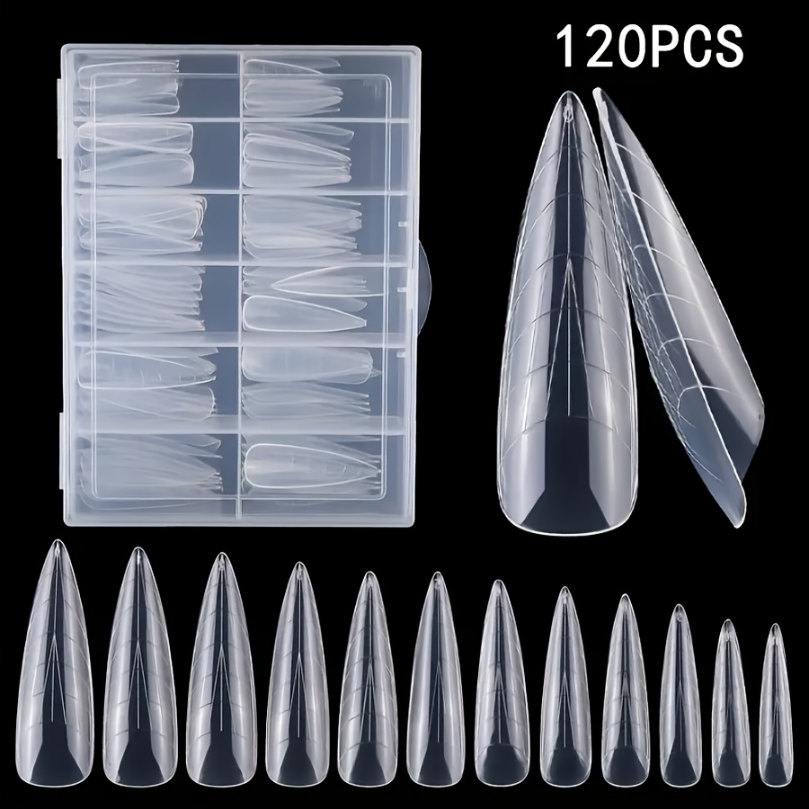 

120pcs Stiletto Shape Dual Forms Acrylic Nail Tips Set, , Shaped, Middle Length, , Transparent, Uv Gel Nail Mold With Scale Manicure Tools For Poly Gel Nails