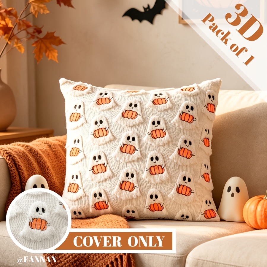 TEMU 1pc, Pumpkin Plush Throw Pillow Cover, Cute Spooky Cartoon-style Quilted Decorative Cushion Cover, 18x18 Inch, For Living Room Bedroom Halloween
