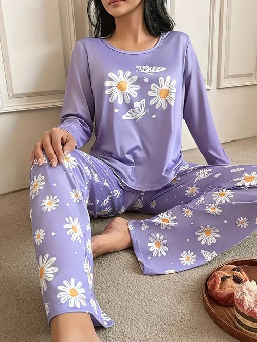 womens autumn winter pajama 2pcsss set casual sleepwear set with chrysanthemum theme wear loose round neck long sleeve top and elastic waist long pants elegant womens clothing for holidays perfect sleepwear