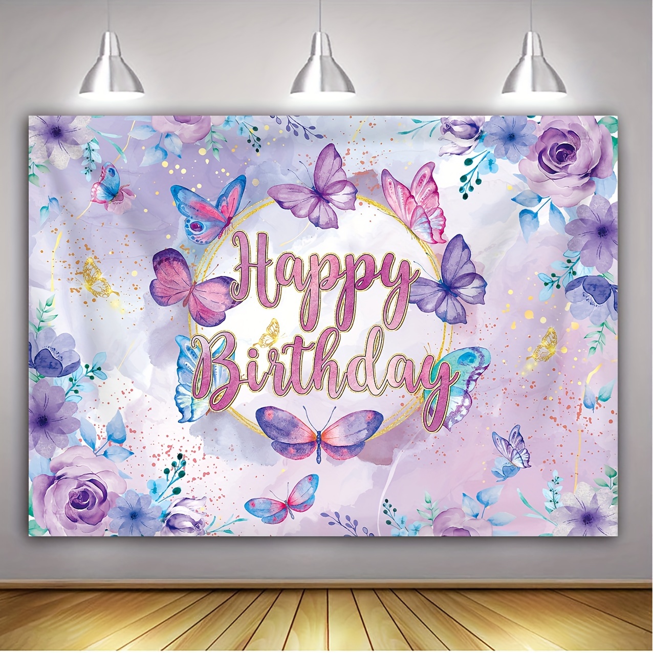 

Meashowltd Purple Butterfly & Floral Glitter Birthday Backdrop - Polyester Photography Background For Girls' Spring-themed Celebrations, Photo Booth Props & Room Decor Butterfly Party Decorations