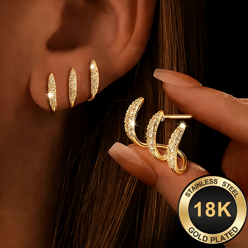 1 pair high quality low hypoallergenic 18k golden plated womens 3 claw bent earrings sparkling luxurious   style suitable for daily music festivals and   occasions perfect gift for women hypoallergenic