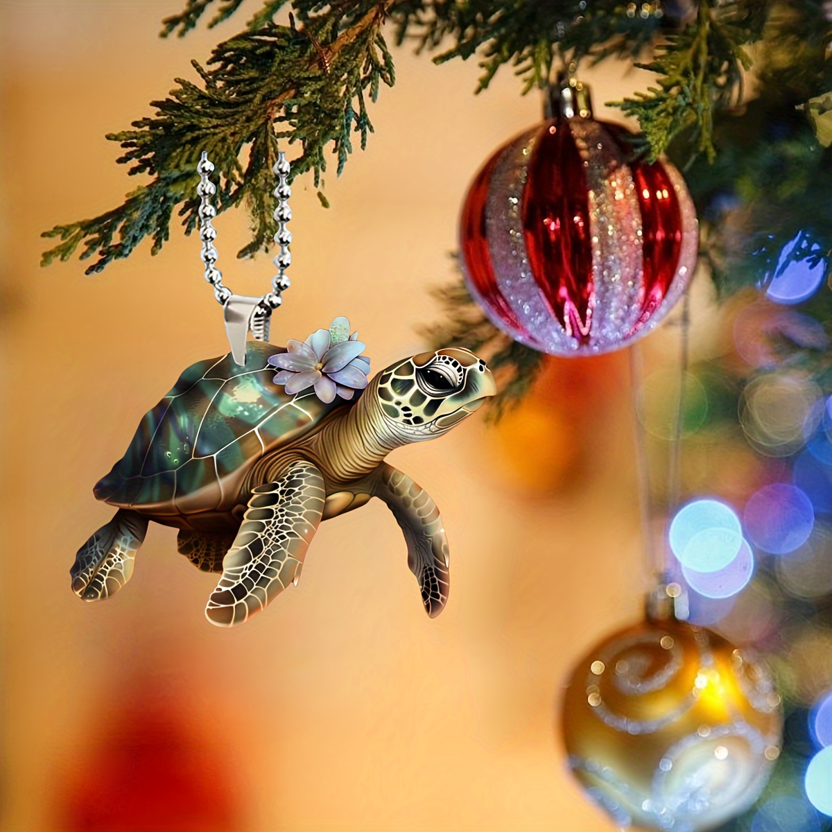 

Sea Turtle Acrylic Hanging Ornament With Floral Accent - Versatile 2d Pendant For Car, Backpack, And Home Decor