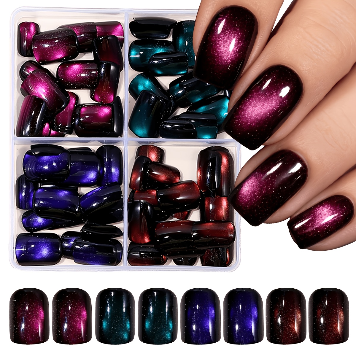 TEMU 96 stuks Korte Vierkante Glanzende Kattenoog Nagelstift Set Volledig Bedekt in Blauw Roze en Meerblauw voor Nagelpressen Geschikt voor Kerstmis