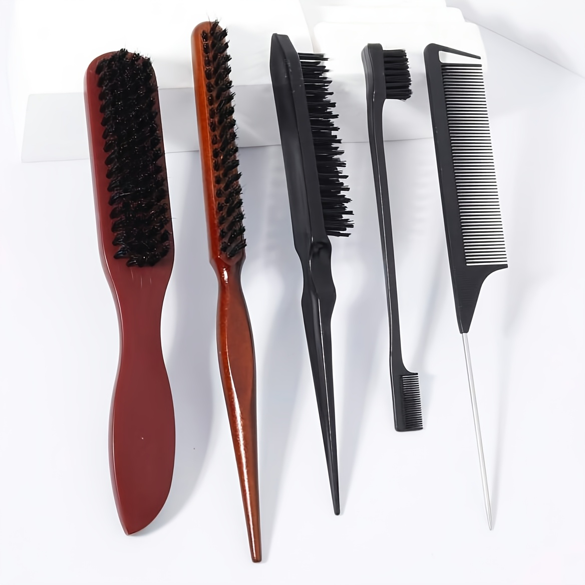 TEMU 5pcs Professional Hair Styling Comb Set, Wooden Bristle Smoothing Comb, Tail Sectioning Comb, Finishing Brush, Hair Styling Tools Kit For
