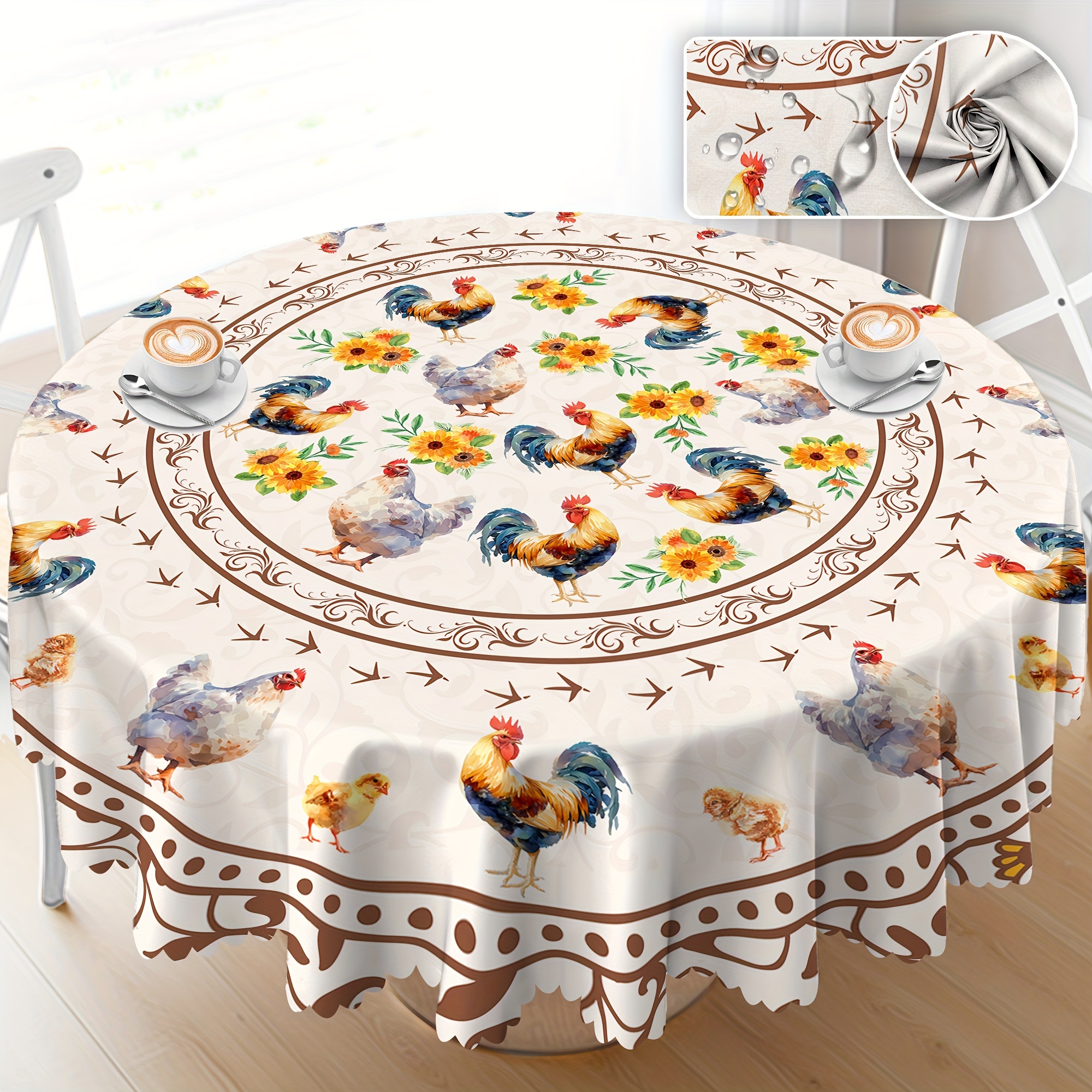 

1pc, Table Cloth, Vintage Rooster Sunflower Chicken Pattern Table Cover, Farmhouse Rustic Decorations Polyester Waterproof Wrinkle Resistant Machine Washable Tablecloth With Scalloped Edge