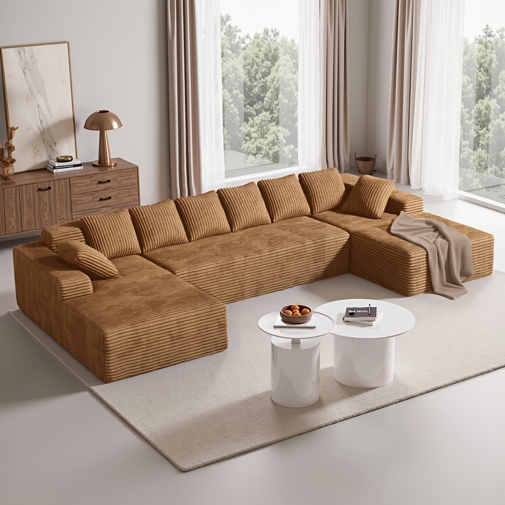 131" Oversized U Shaped Cloud Sectional Couches For Living Room, Comfy Fluffy Corduroy Camel Boneless Sectionals Couch, Plush Memory Foam Modular Sectional Sofa With Double Chaise - 20" High Seat