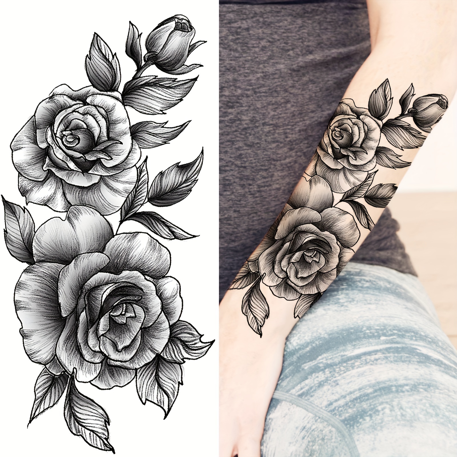

Waterproof Black Rose Temporary Tattoo Sleeve For Women - Realistic Floral Design, Long-lasting Fake Tattoo Sticker For Arms & Body Art