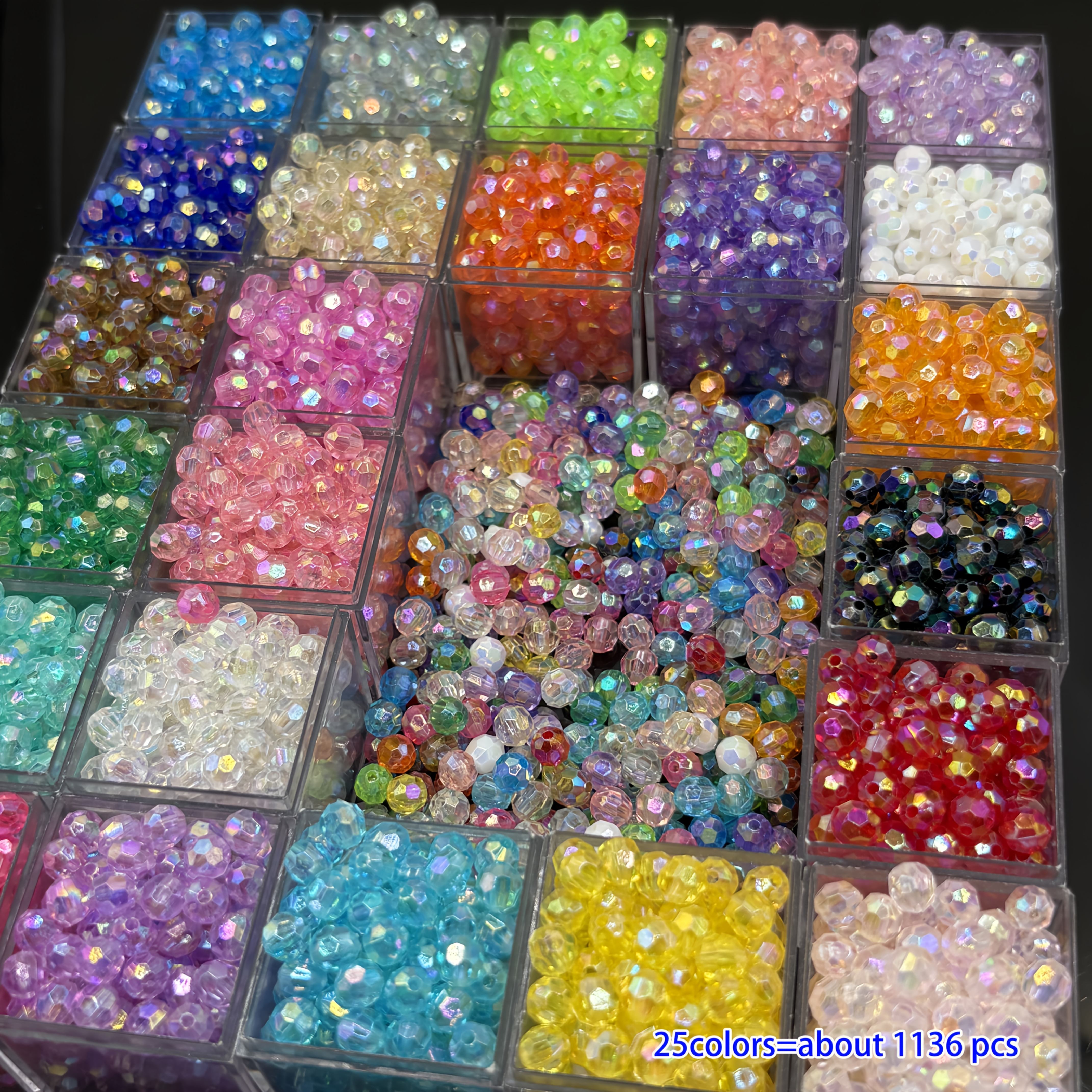 TEMU Perline sfaccettate da 6mm in 25 colori/1136 pz, perline distanziali colorate, perline decorative multisfaccettate in acrilico, perline con foro