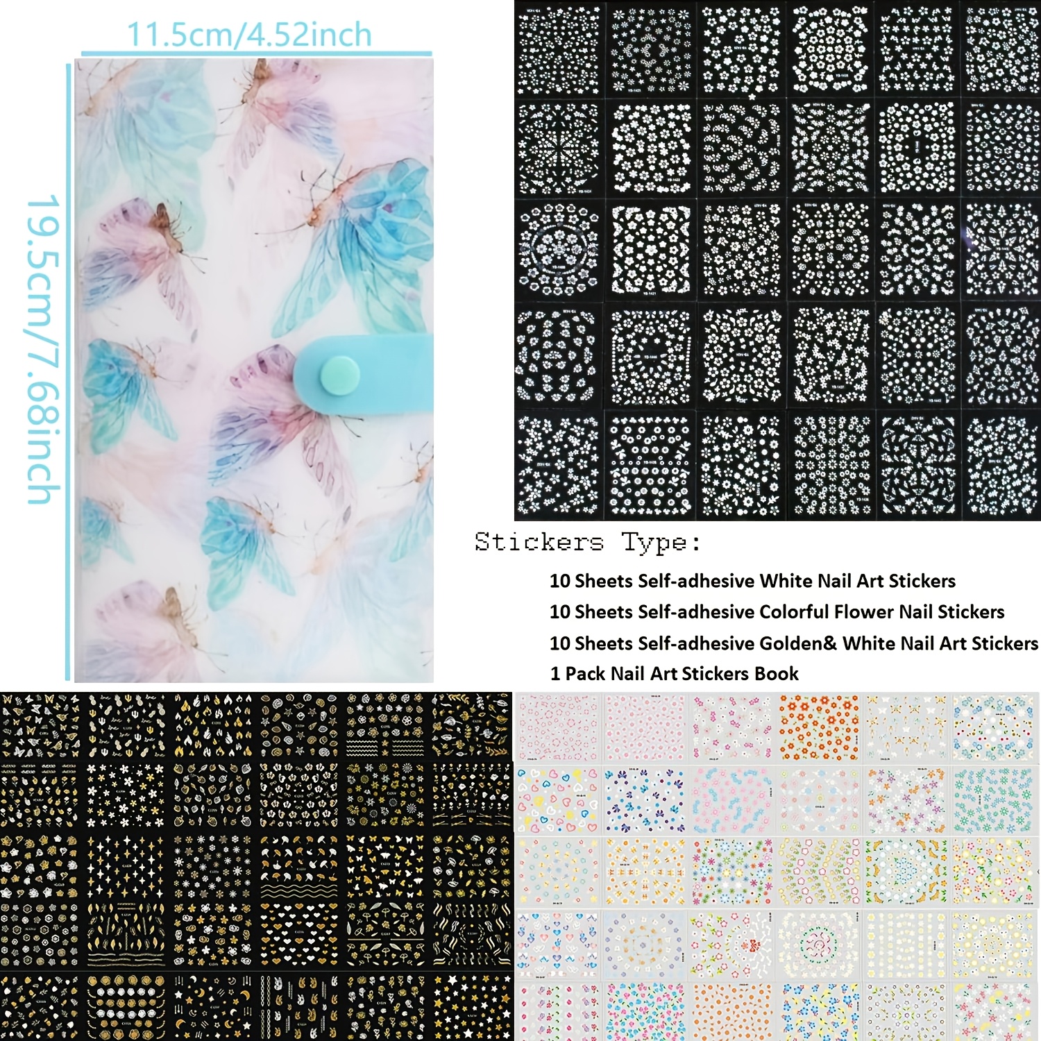 Image of Nail Art Stickers & 1pc Storage Book, 3d Self-adhesive White Floral Nail Stickers Designs, Multicolor Laser Decals For Diy Manicure Decorations