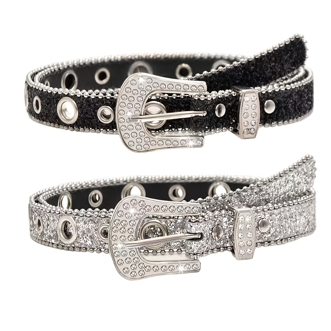 TEMU 2-pack Women's Rhinestone Belts, Y2k Hip-hop Western Sparkling Studded Design, Unisex Adjustable Shiny Waist Belt, Suitable For Halloween,