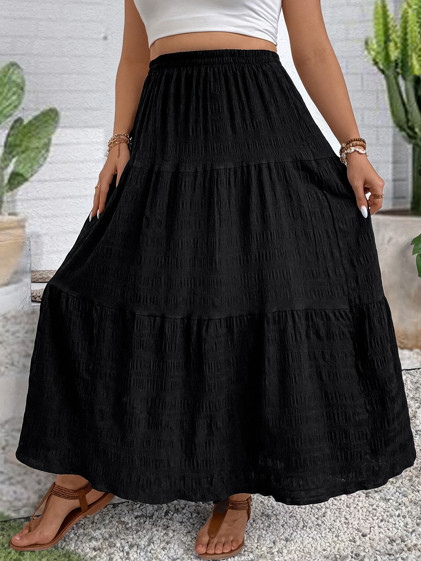 Elegant Black A-Line Maxi Skirt for Women Stretchy Woven Fabric, Ruched  Detail, Waist-Cinching Design Spring/Summer, Casual to Formal A
