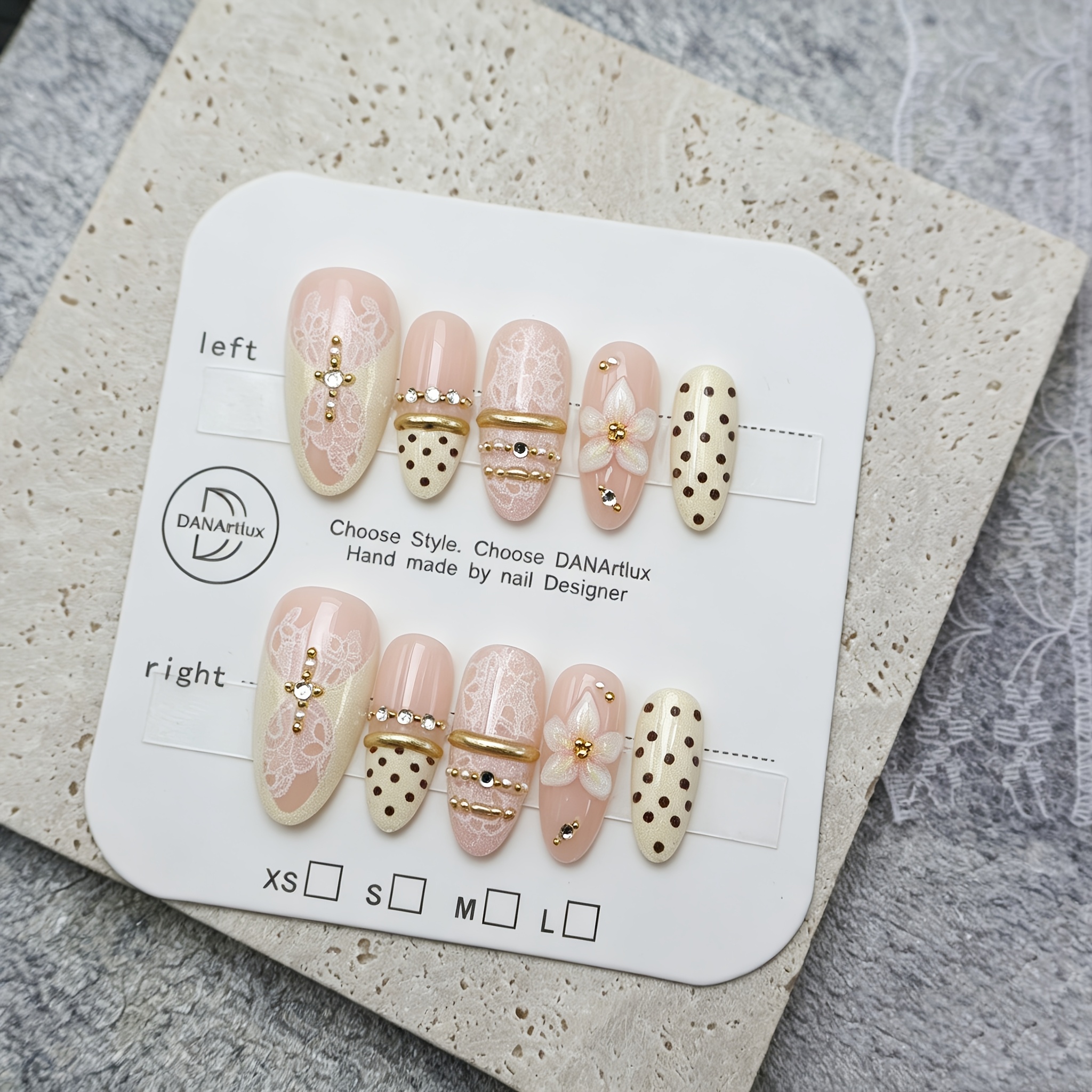 TEMU 10pcs Almond Bangle Nails Press On Nails, Nude White Polka Dot Fake Nails With Lace Print, 3d Floral, And Rhinestone Design, Glossy Full Cover