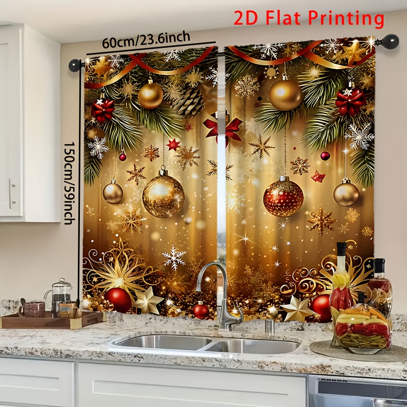 TEMU 2d Flat, 2pcs Merry Christmas Curtains, 2d Flat Print, Golden Holiday , Polyester Fabric, Fun Festive Window Panels, -filtering Drapes For Décor