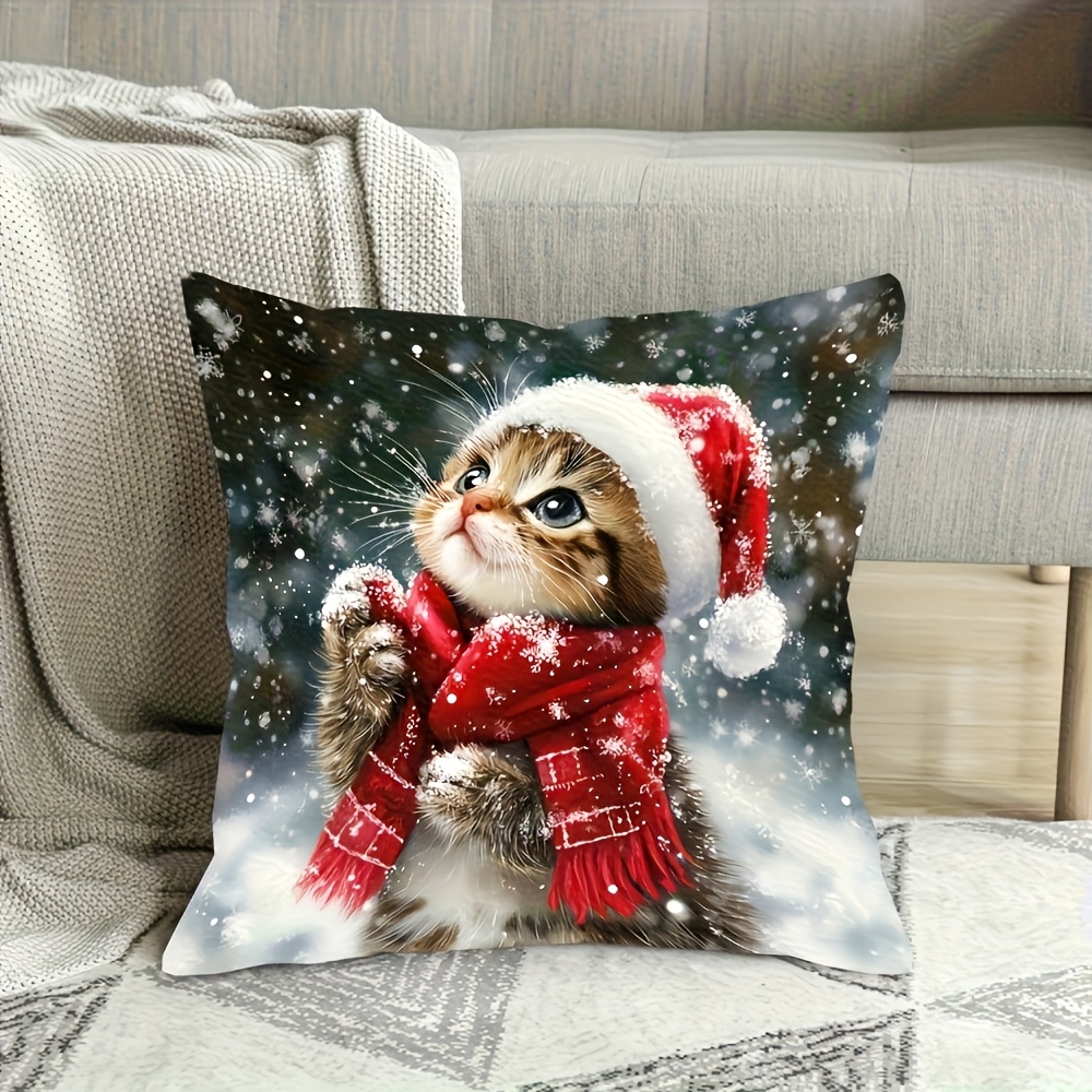 TEMU 1pc Large Christmas Kitten Pillow Cover - Cute Santa Hat & Scarf Winter Decor, Zipper Closure Cushion Case, Machine Washable For Sofa, Bed, Car,
