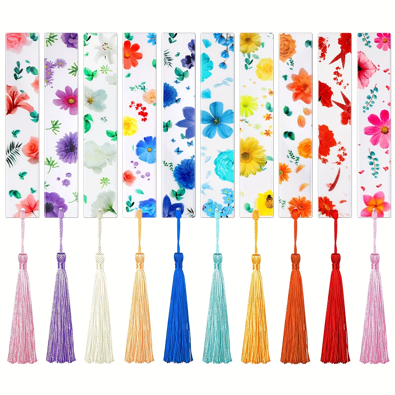 

10pcs Floral Resin Bookmarks With Tassels, Elegant Transparent Page Markers, No Feathers, Electricity-free, With Ideal For Women, For Christmas, Graduation, & All