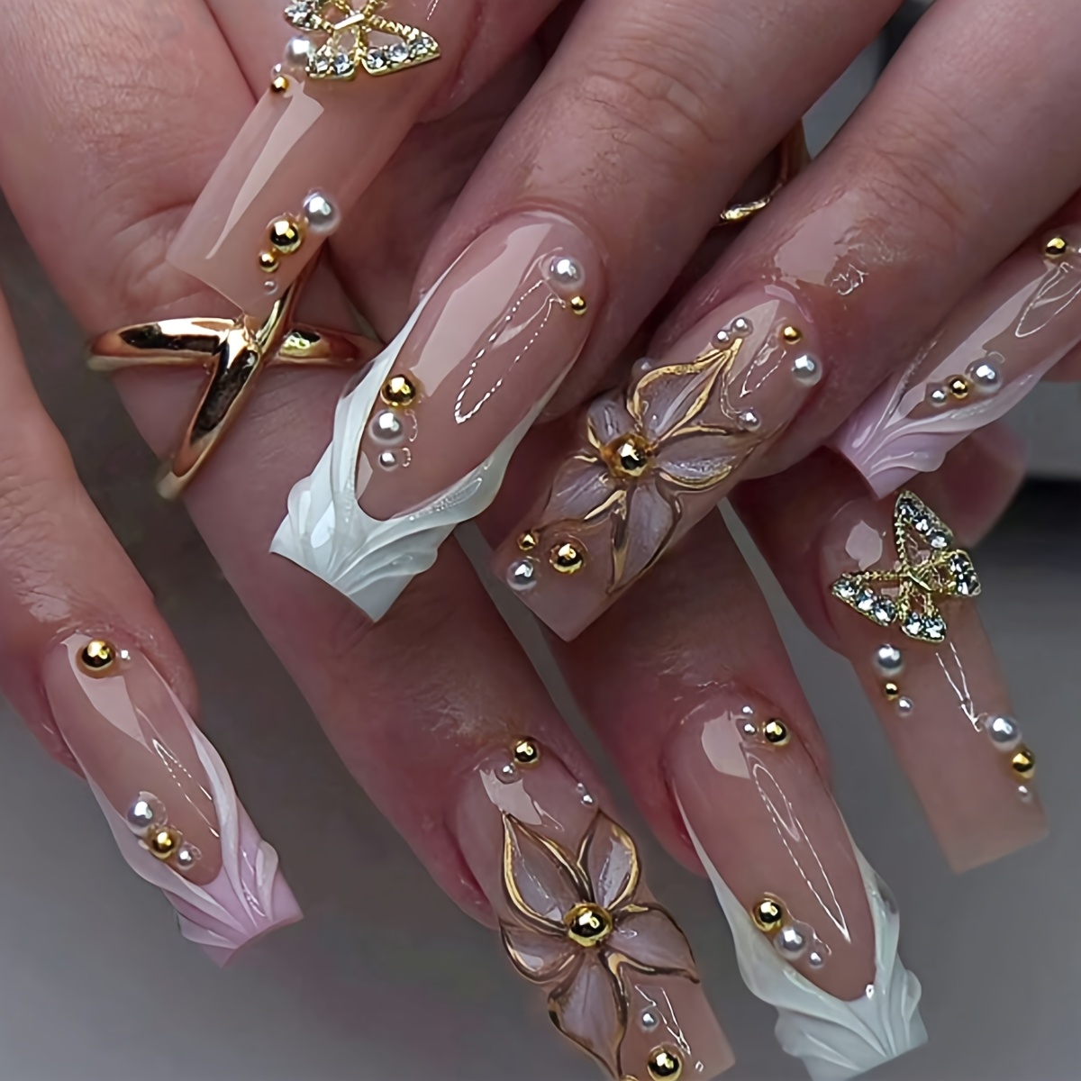 TEMU 24pcs Press-on Nails Suitable For , Spring Summer Square Medium Length False Nails With & French Tip, Glossy, Machine-made Nail Extensions For