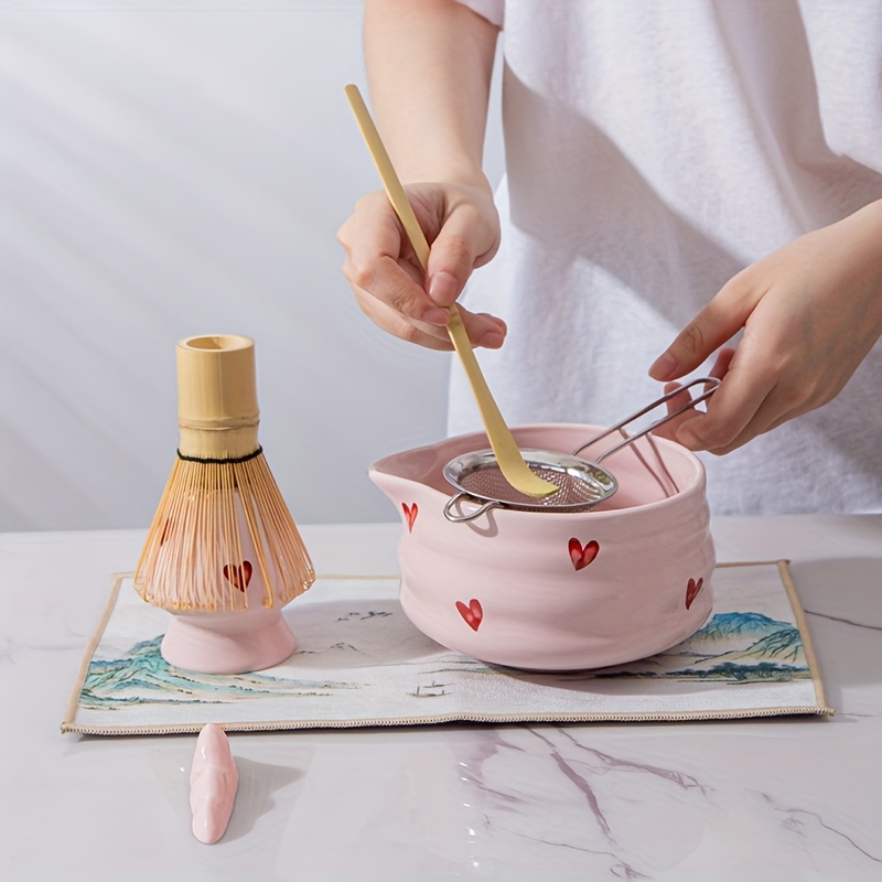 Matcha-Tee-Set Aus Keramik – Inkl. Schale, Bambusbesen, Sieb & Löffel, Pink, Für Zu Hause