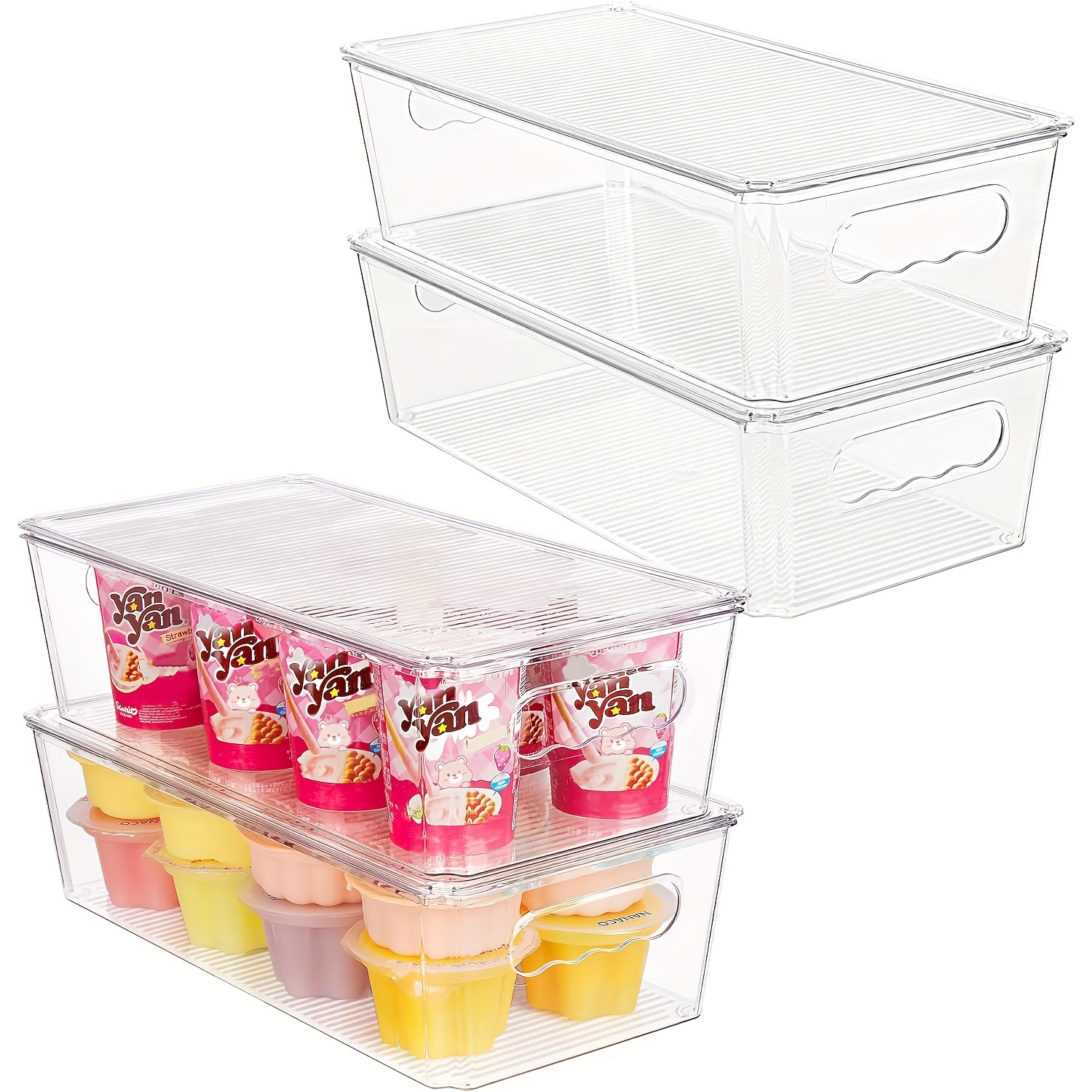 TEMU 4pcs Clear Organizers And Storage Bins With Lids, Stackable Plastic Storage Containers With Handles For Fridge, Freezer, Pantry, Cabinet, Kitchen Organization And Storage