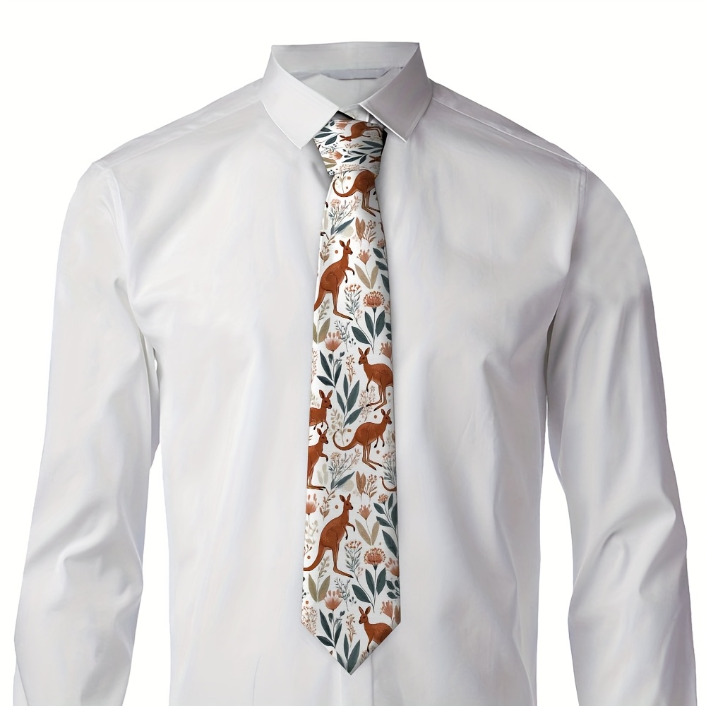 TEMU 1pc, Kangaroo And Plant Theme Pattern Printed Tie, Soft Fashion Accessory For Weddings, Dates, Parties, Casual Wear, Easy To Clean, Great Gift -