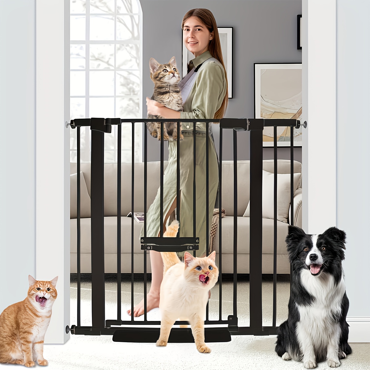 

37 " Door With Small Cat Door, Adjustable " And -40.55 ", Automatic Closing Dog Door Pet Door Stairs, , Simple Straight Through Pet Door Of The House, Pressure Mounted Security Door