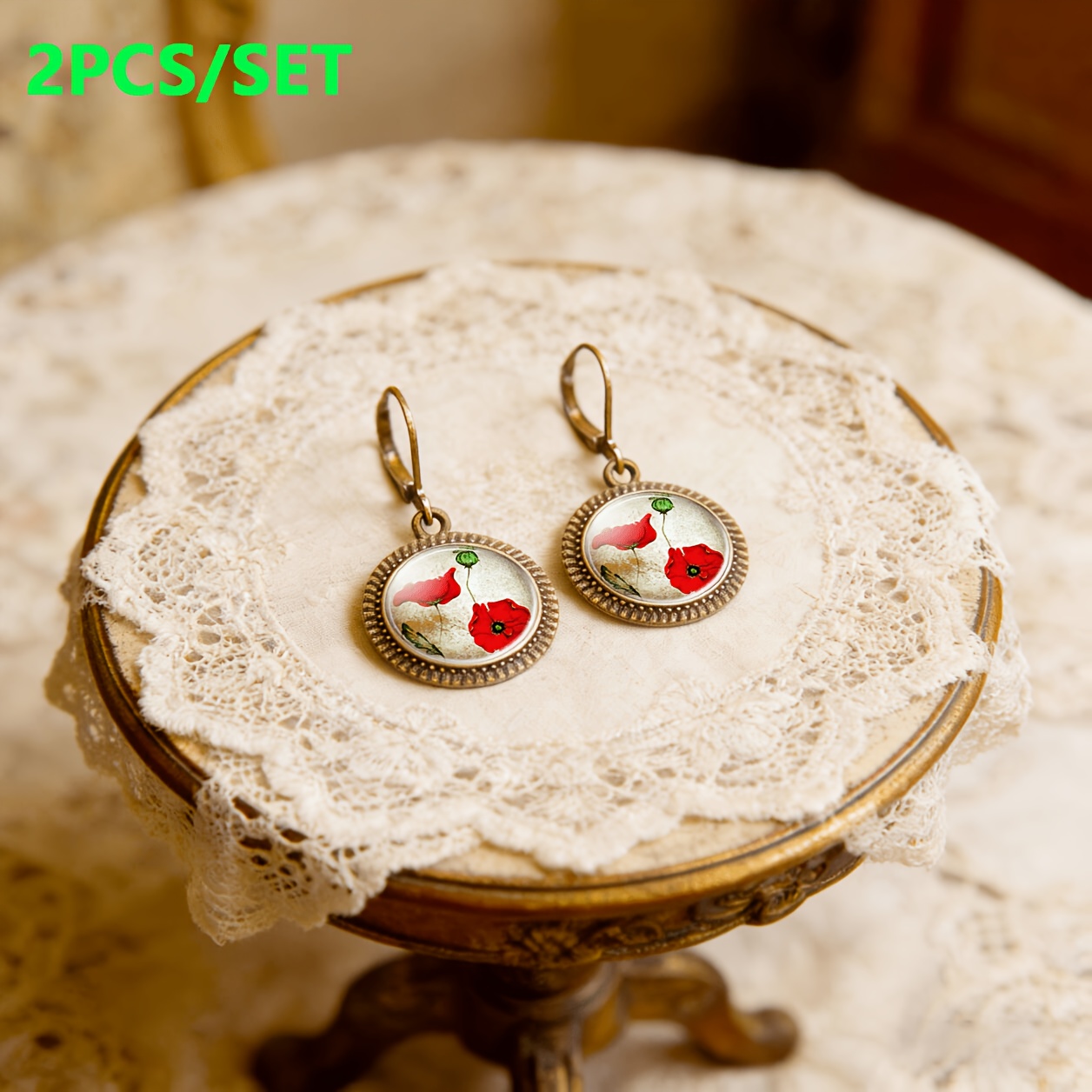 Classic Pendant Earrings & Ear Hooks Set, Red Flowers