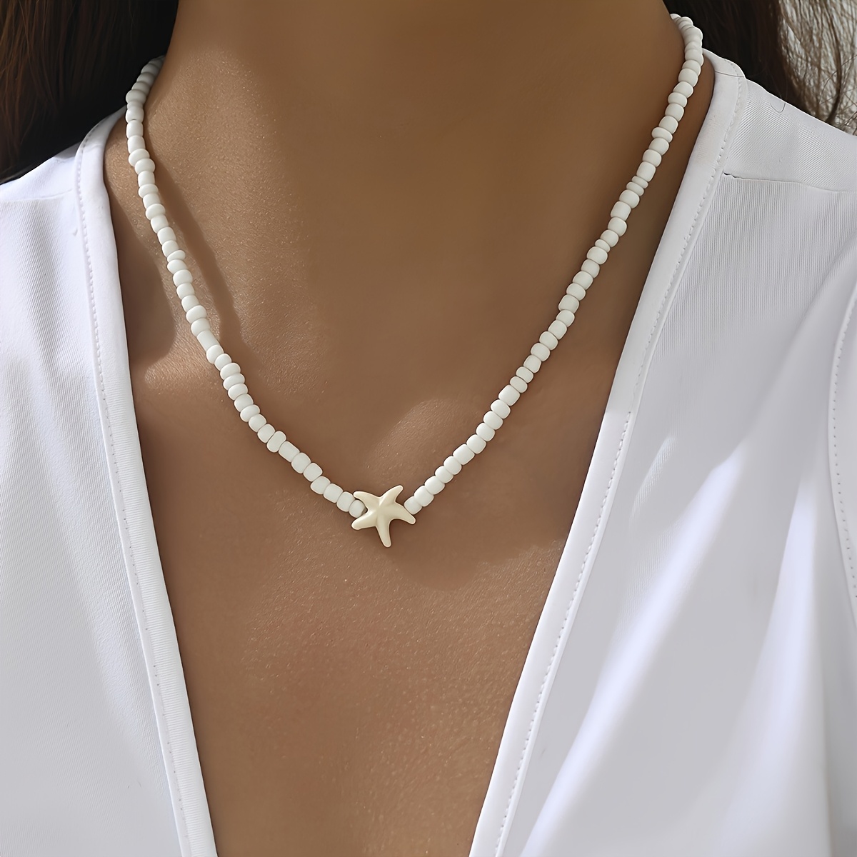 Image of Elegant Bohemian White Beaded Starfish Necklace - Ideal For Vacation & Casual Attire, Perfect Birthday Or Friendship Gift, Cute Necklace