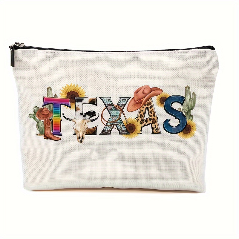 

Texas Themed Linen Cosmetic Bag For Women And Teens - Sunflower And Western Style Travel Makeup Pouch - Cowgirl-inspired Accessories - Appreciation Birthday Gift For Unbiological Sister And Friends